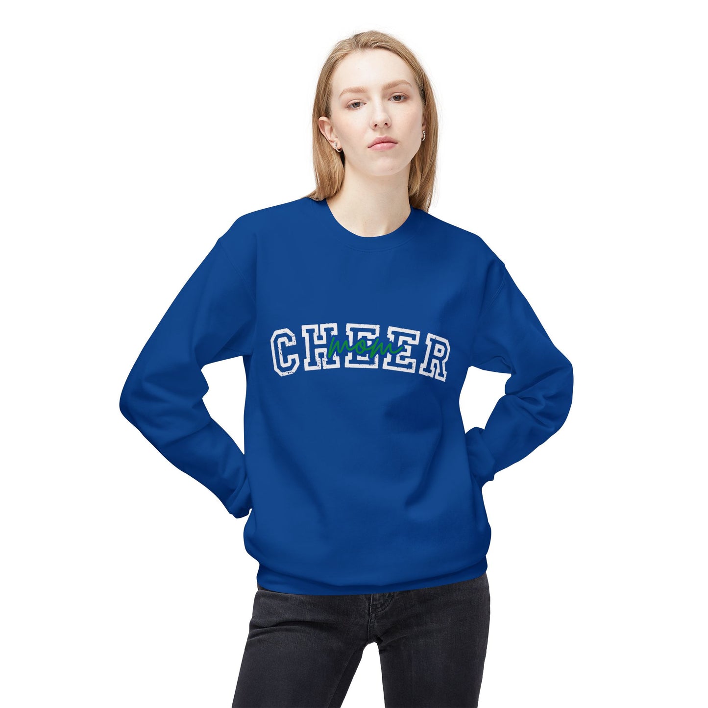 Cheer Mom blue and green Unisex Midweight Softstyle Fleece Crewneck Sweatshirt