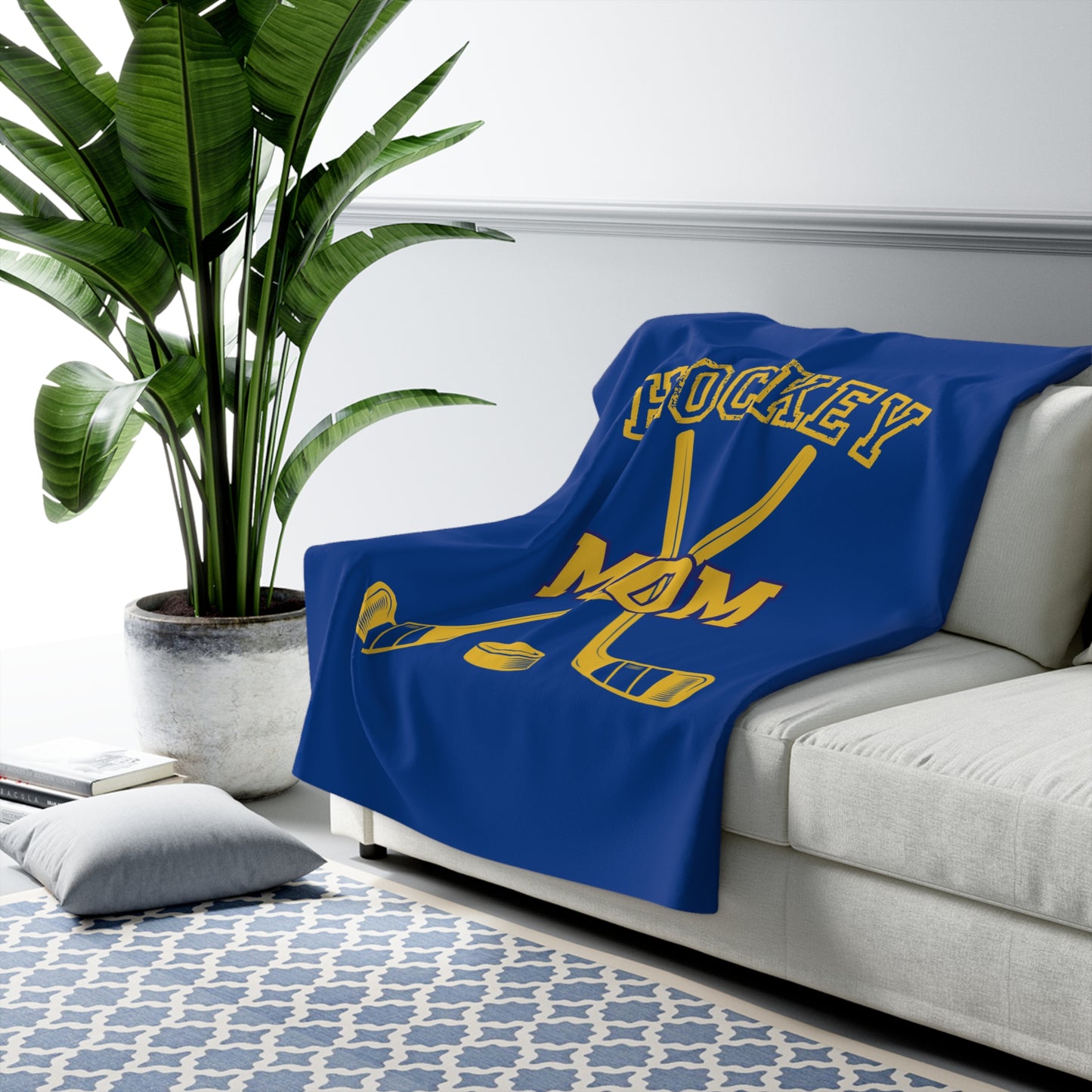 Hockey Mom Sherpa Fleece Blanket Yellow and Blue