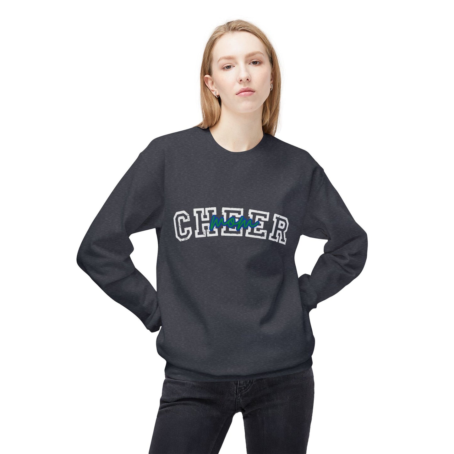 Cheer Mom blue and green Unisex Midweight Softstyle Fleece Crewneck Sweatshirt
