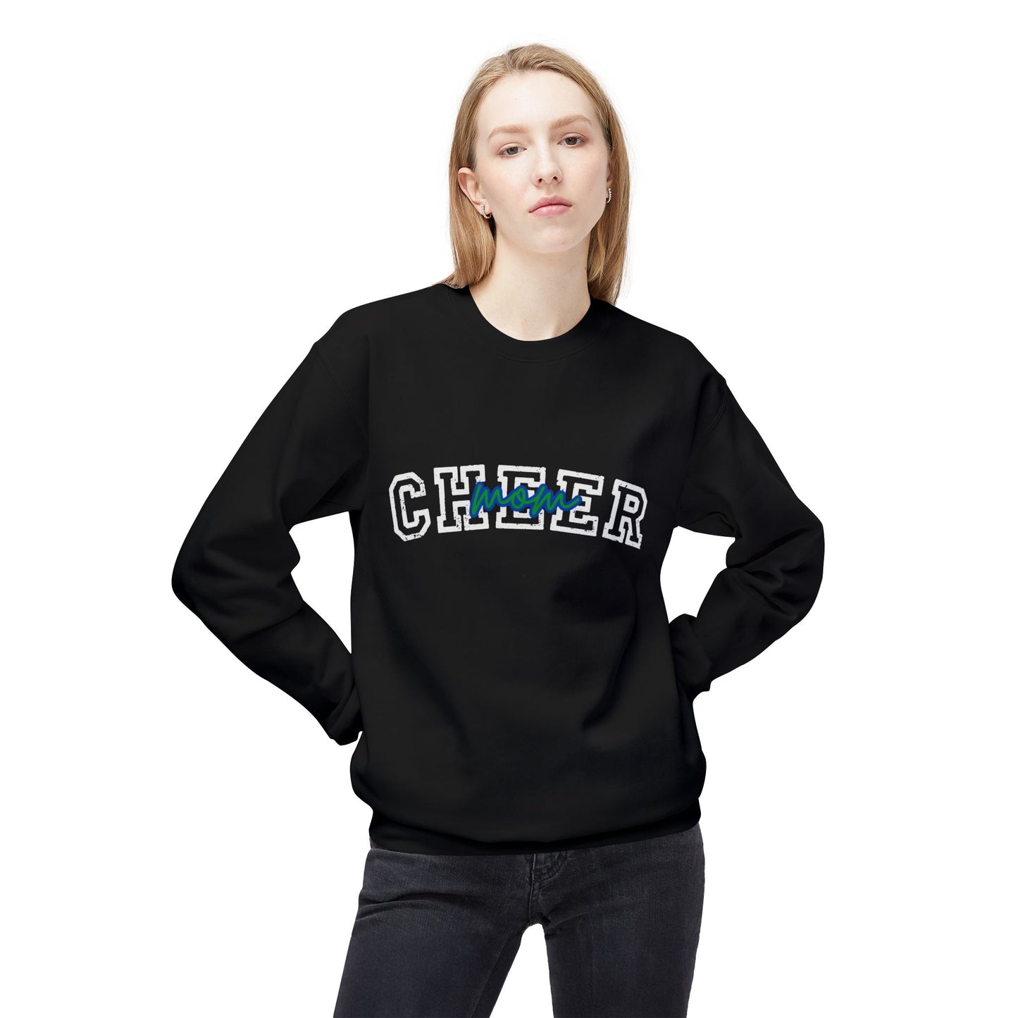 Cheer Mom blue and green Unisex Midweight Softstyle Fleece Crewneck Sweatshirt