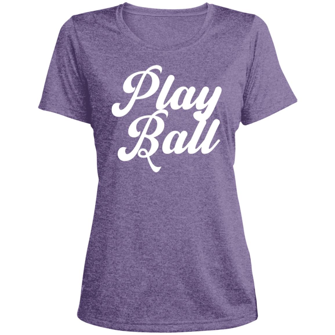 Play Ball script LST360 Ladies' Heather Scoop Neck Performance Tee