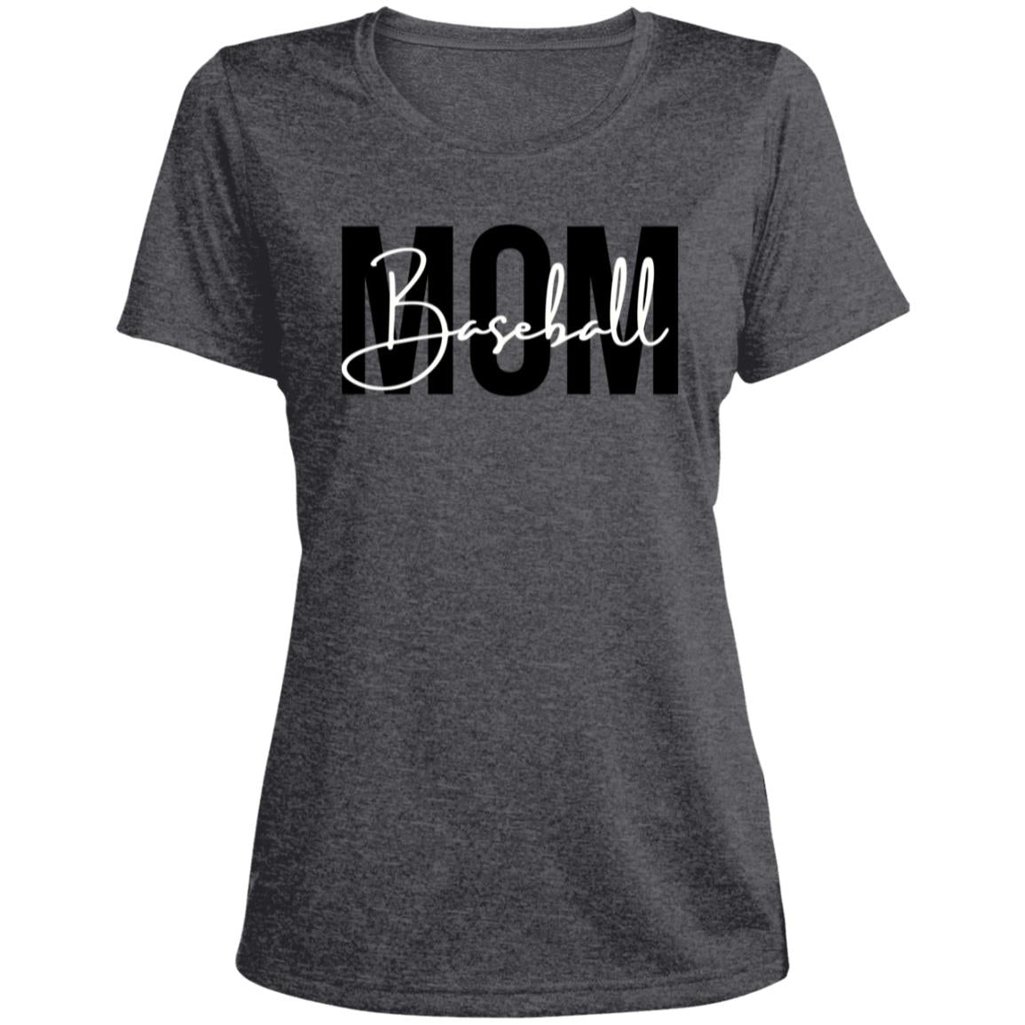 Baseball Mom script LST360 Ladies' Heather Scoop Neck Performance Tee