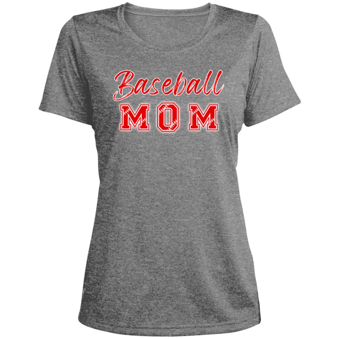Baseball Mom with baseball letters LST360 Ladies' Heather Scoop Neck Performance Tee