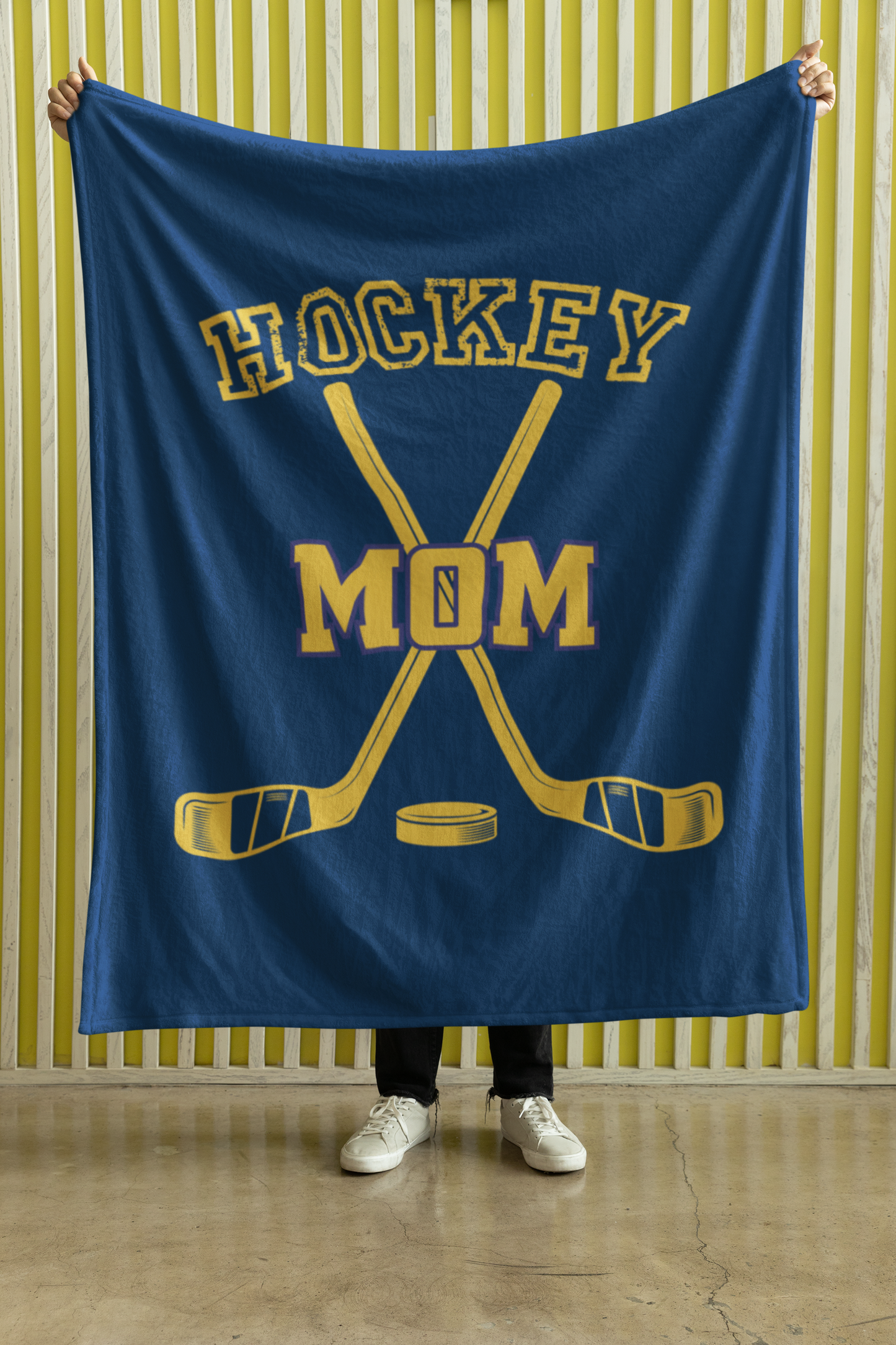 Hockey Mom Sherpa Fleece Blanket Yellow and Blue