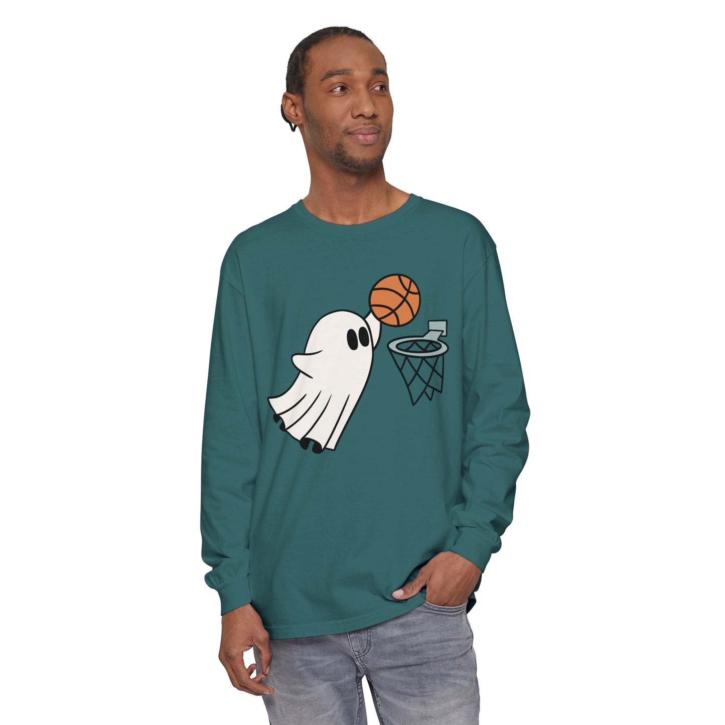 Dunking Basketball Ghost Unisex Garment-dyed Long Sleeve T-Shirt