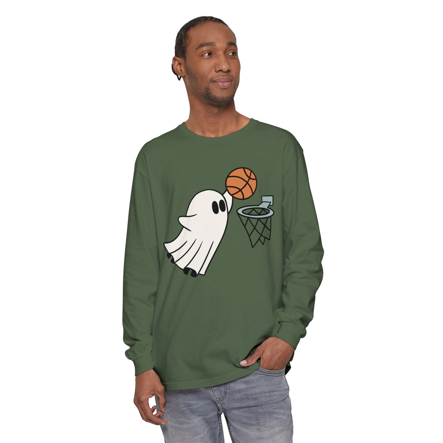 Dunking Basketball Ghost Unisex Garment-dyed Long Sleeve T-Shirt