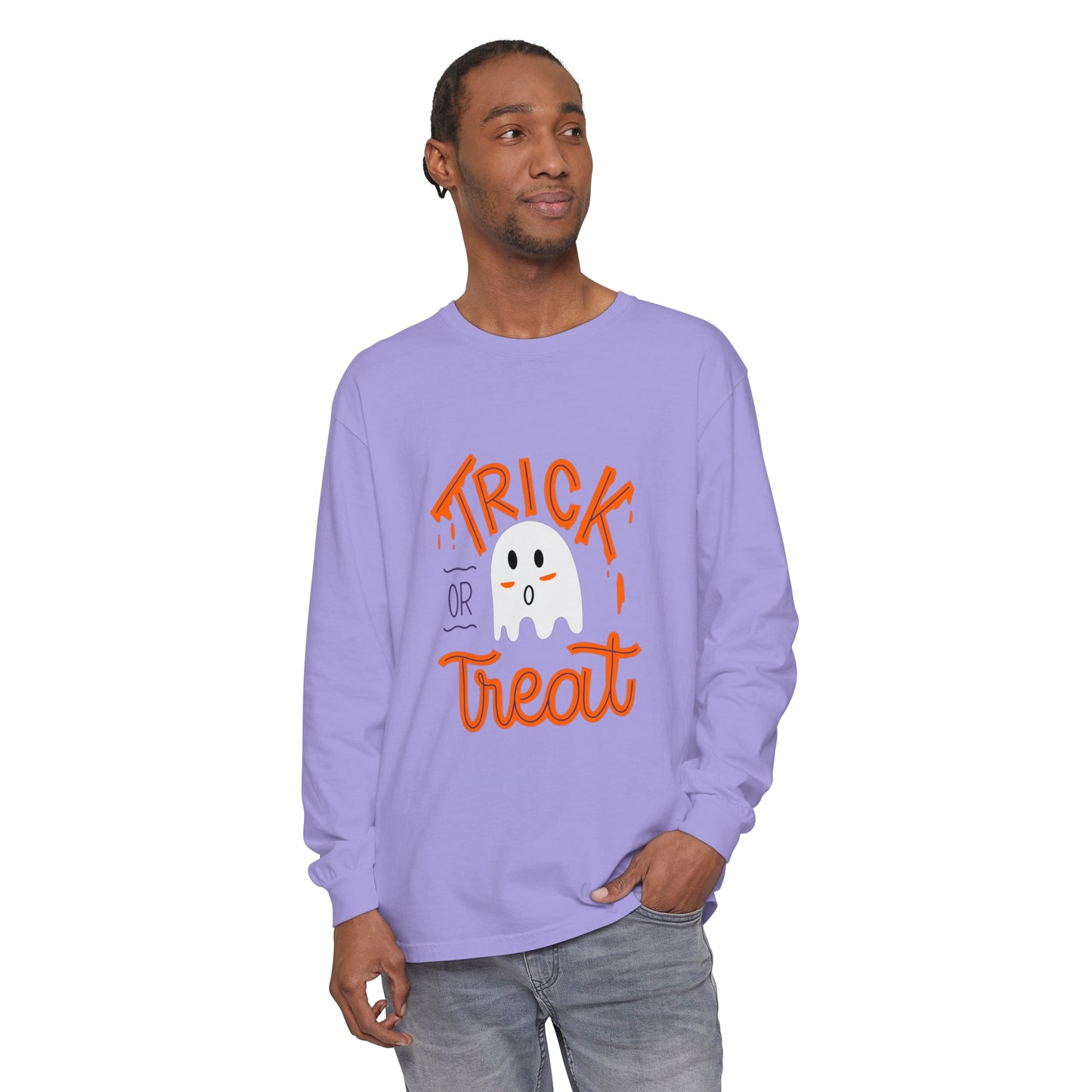 Tick or Treat Ghost Unisex Garment-dyed Long Sleeve T-Shirt