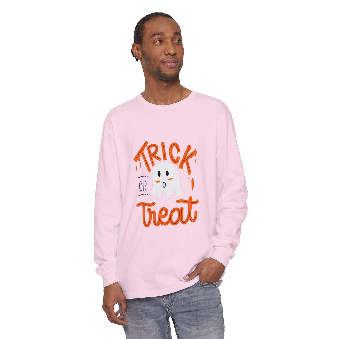 Tick or Treat Ghost Unisex Garment-dyed Long Sleeve T-Shirt
