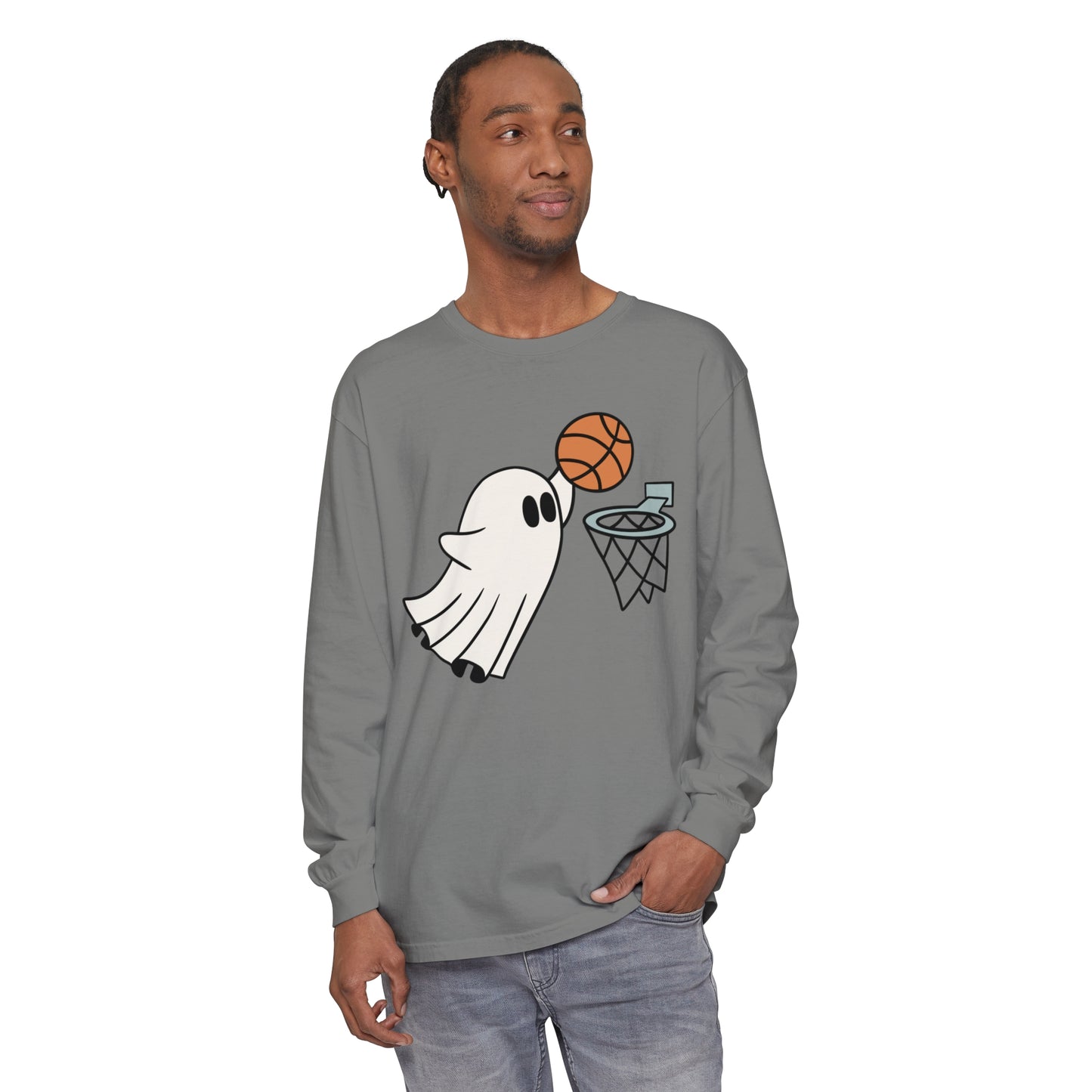 Dunking Basketball Ghost Unisex Garment-dyed Long Sleeve T-Shirt