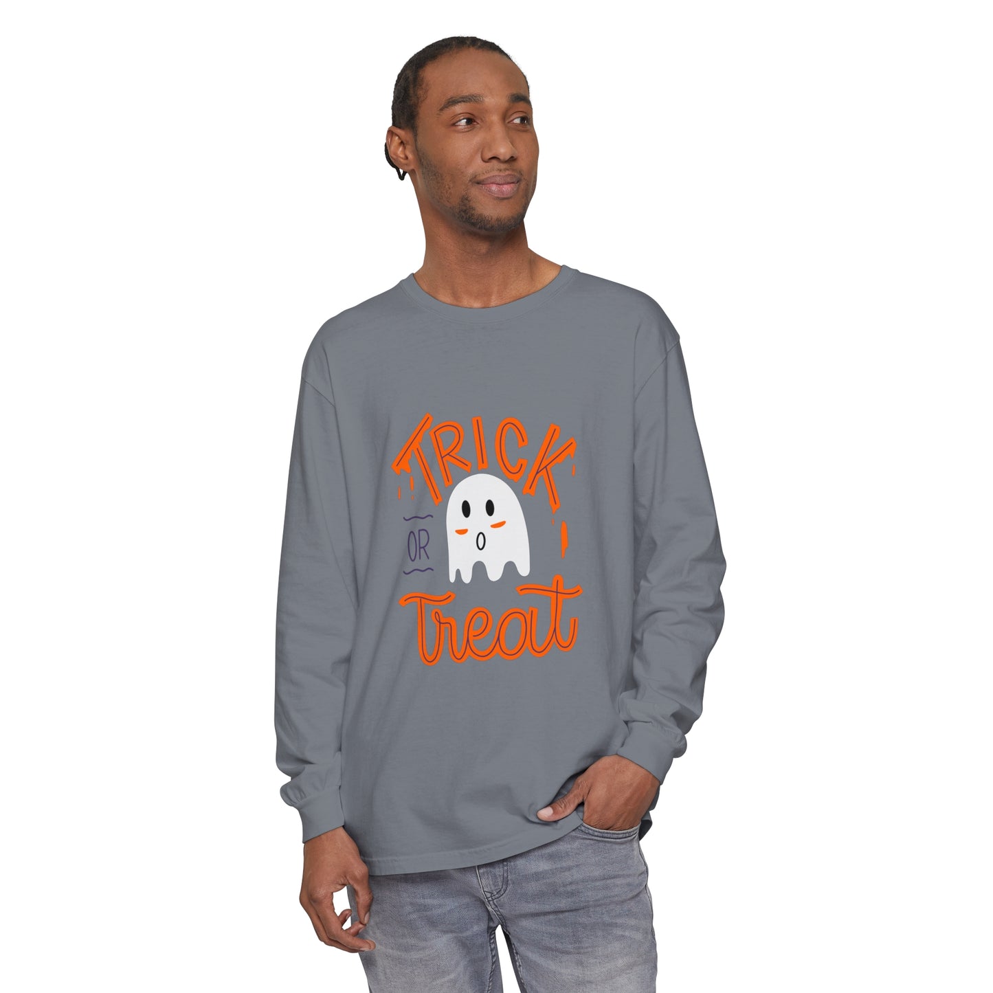 Tick or Treat Ghost Unisex Garment-dyed Long Sleeve T-Shirt