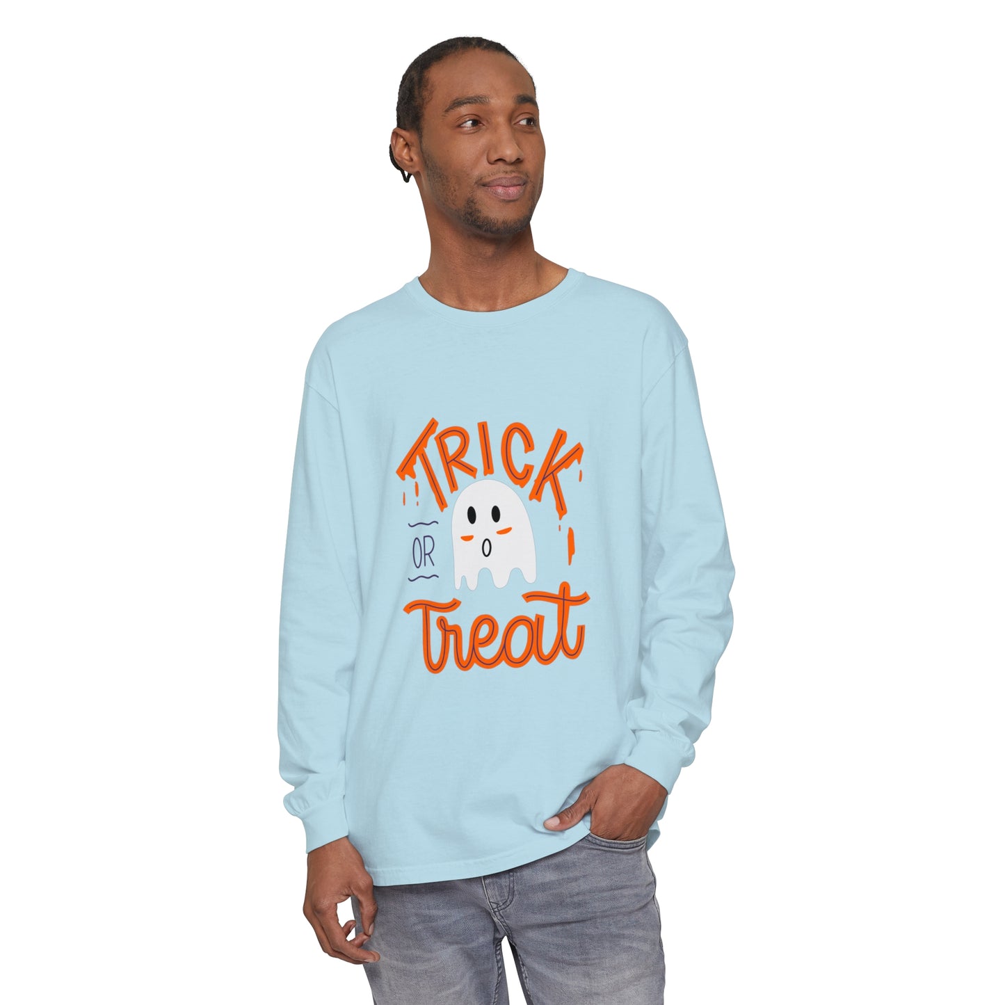 Tick or Treat Ghost Unisex Garment-dyed Long Sleeve T-Shirt