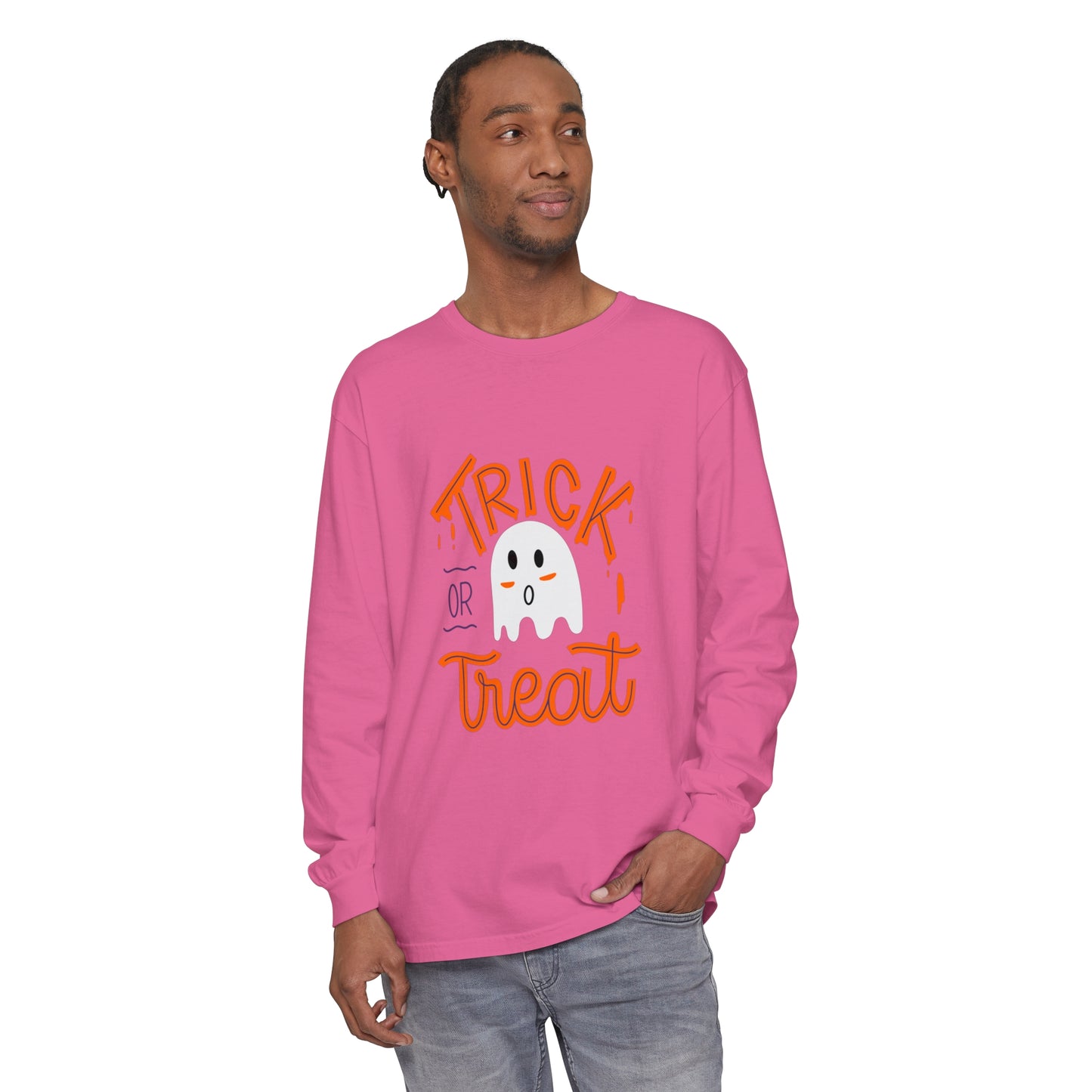 Tick or Treat Ghost Unisex Garment-dyed Long Sleeve T-Shirt