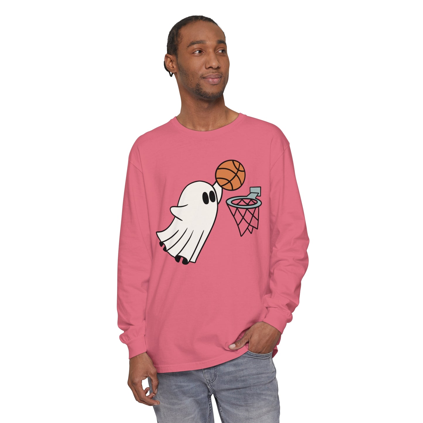 Dunking Basketball Ghost Unisex Garment-dyed Long Sleeve T-Shirt