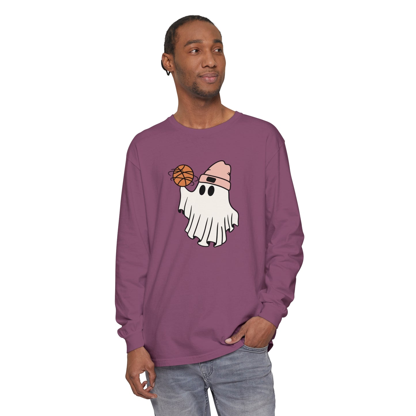 Basketball Ghost Unisex Garment-dyed Long Sleeve T-Shirt