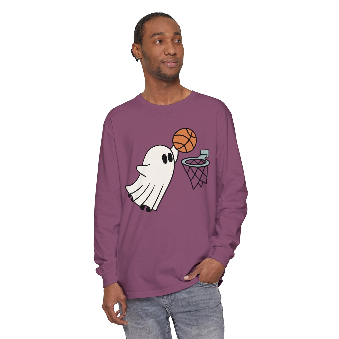 Dunking Basketball Ghost Unisex Garment-dyed Long Sleeve T-Shirt