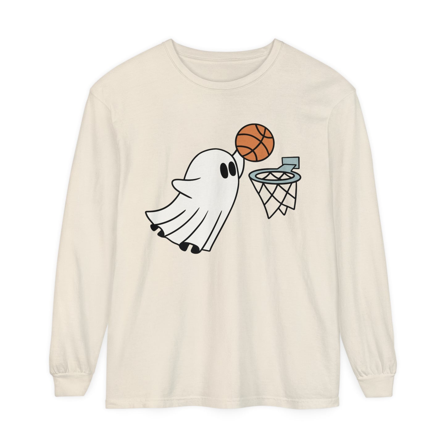 Dunking Basketball Ghost Unisex Garment-dyed Long Sleeve T-Shirt