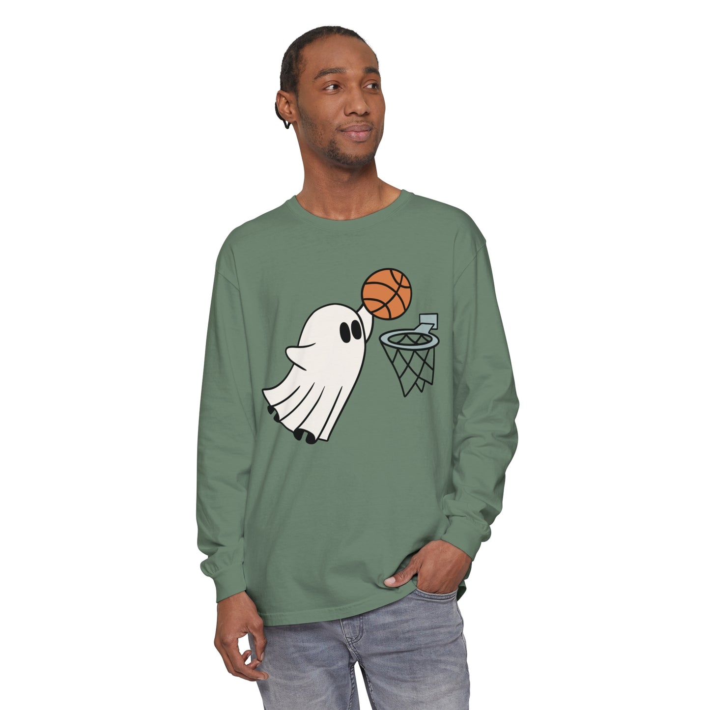 Dunking Basketball Ghost Unisex Garment-dyed Long Sleeve T-Shirt