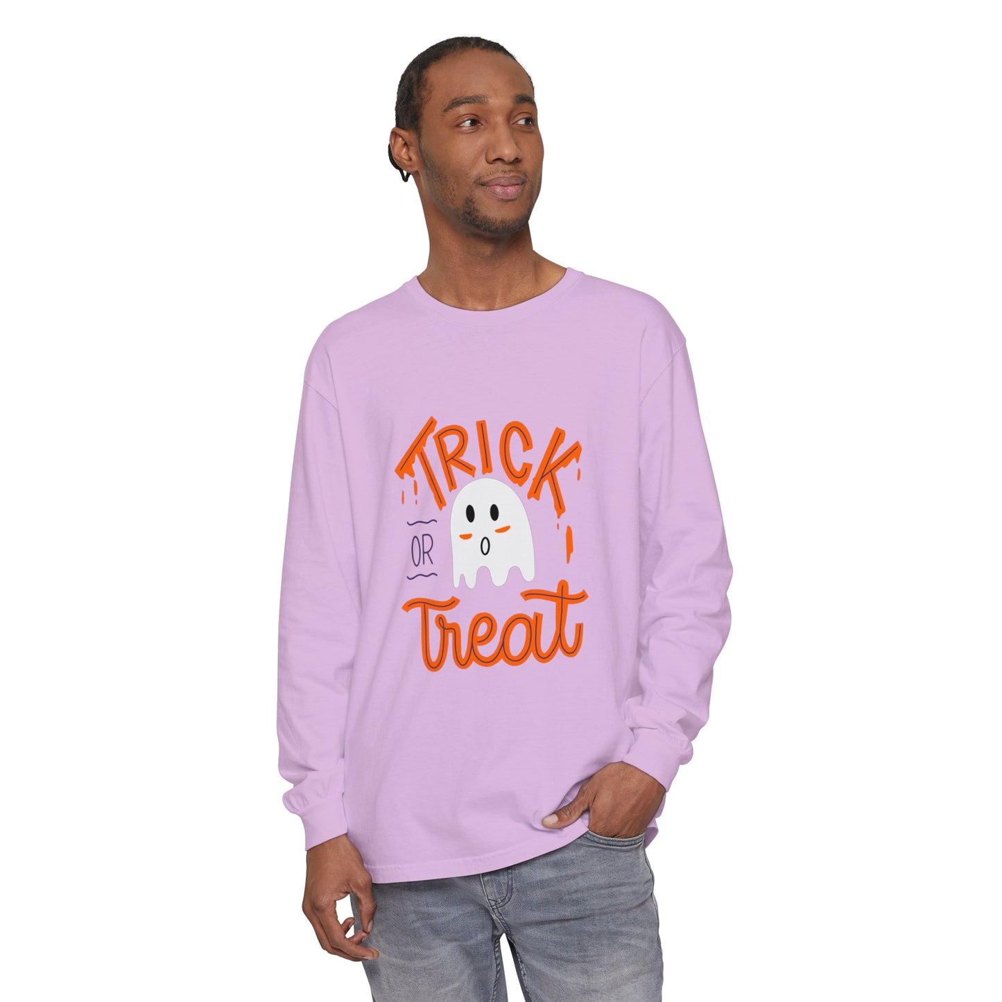 Tick or Treat Ghost Unisex Garment-dyed Long Sleeve T-Shirt