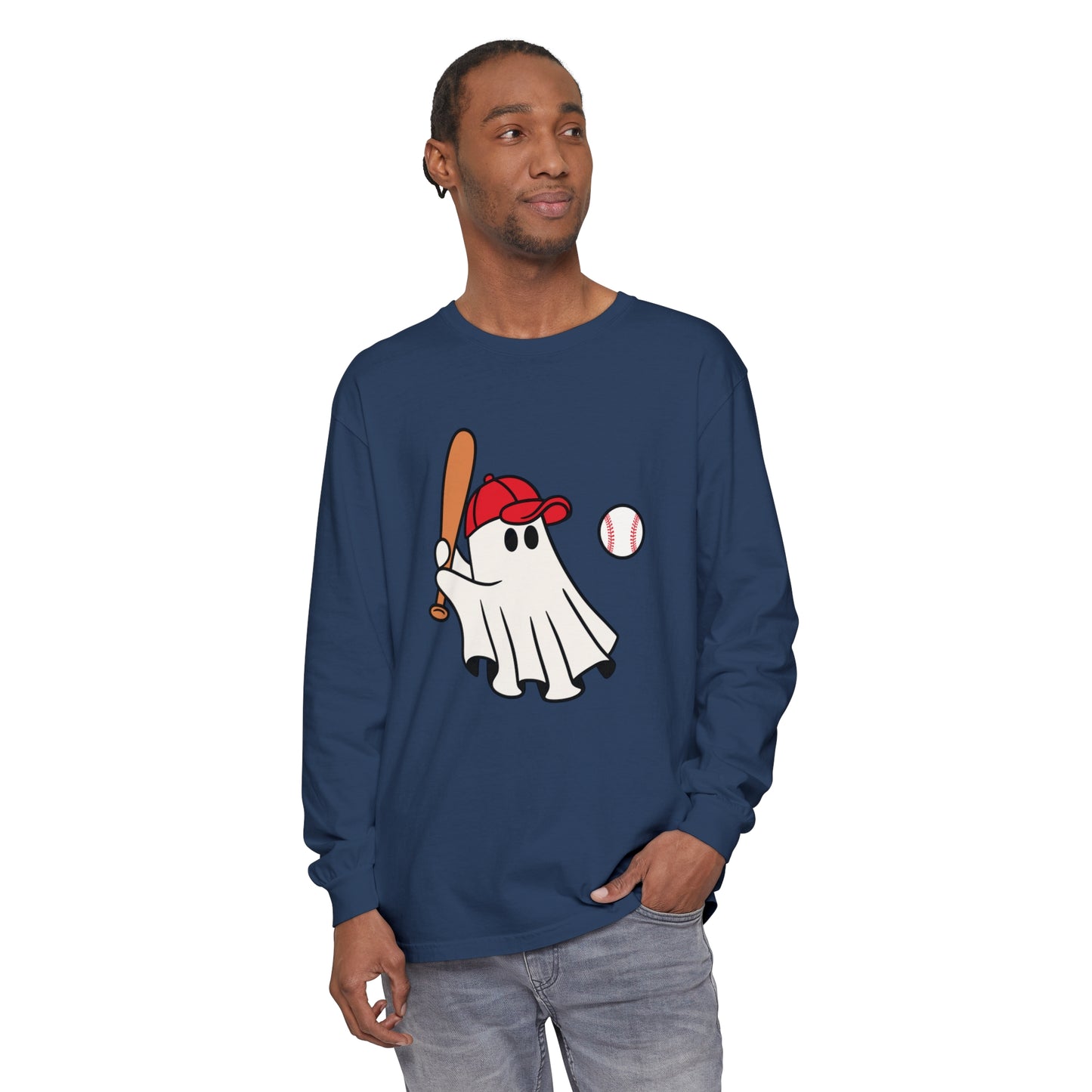 Baseball Ghost Unisex Garment-dyed Long Sleeve T-Shirt