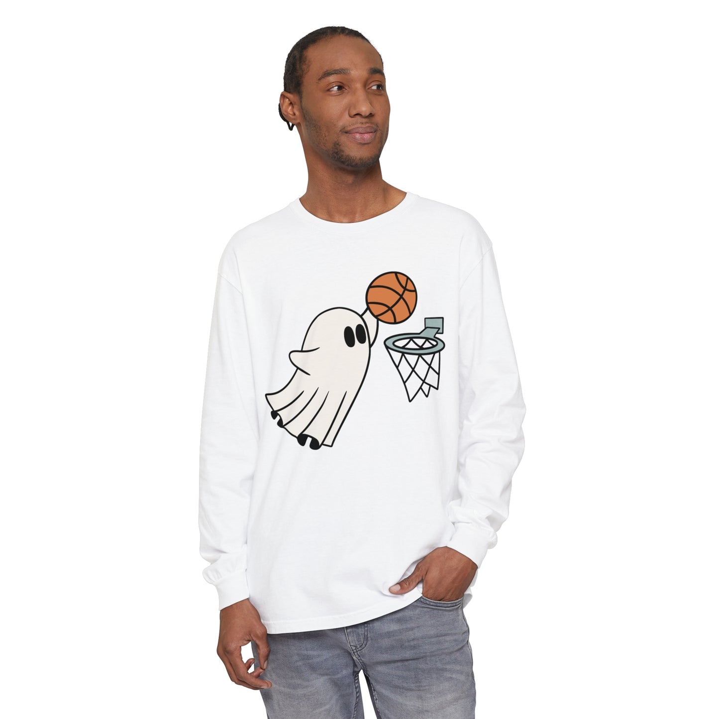Dunking Basketball Ghost Unisex Garment-dyed Long Sleeve T-Shirt