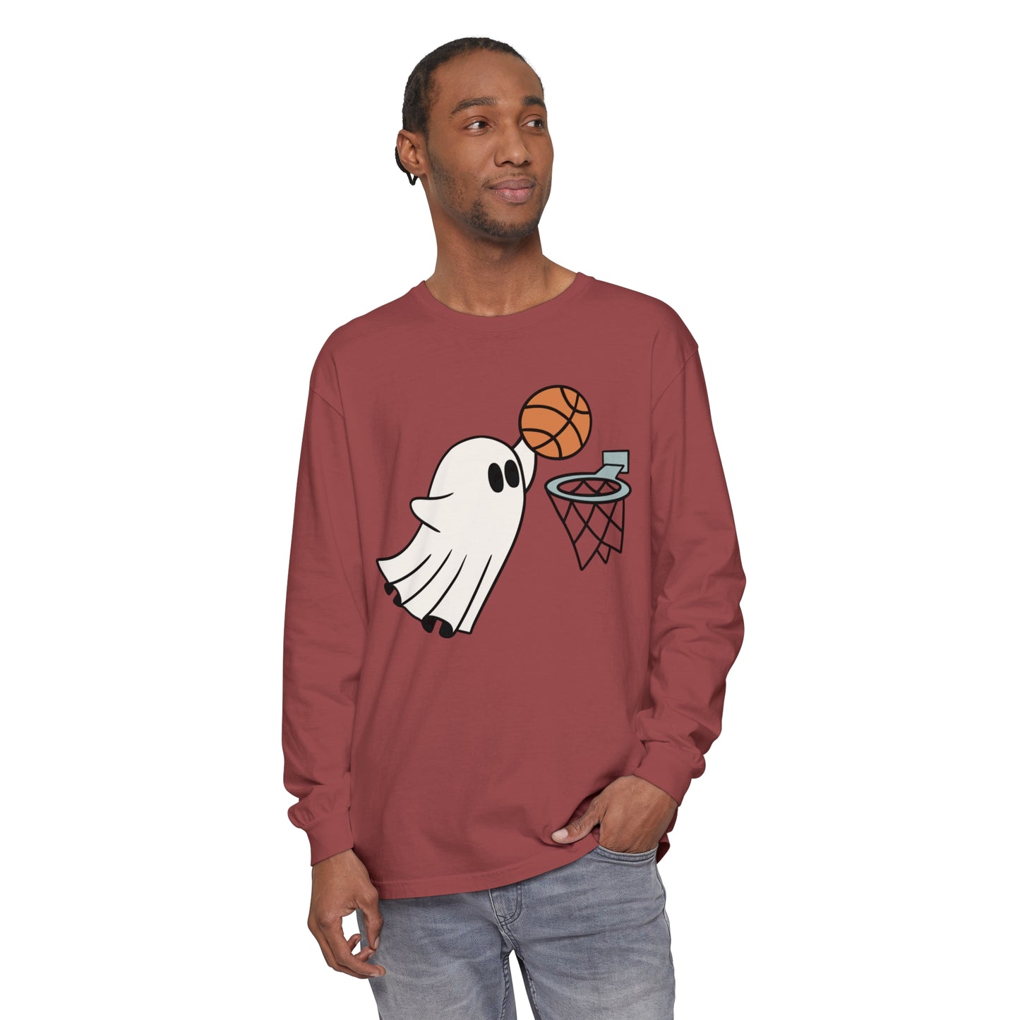 Dunking Basketball Ghost Unisex Garment-dyed Long Sleeve T-Shirt