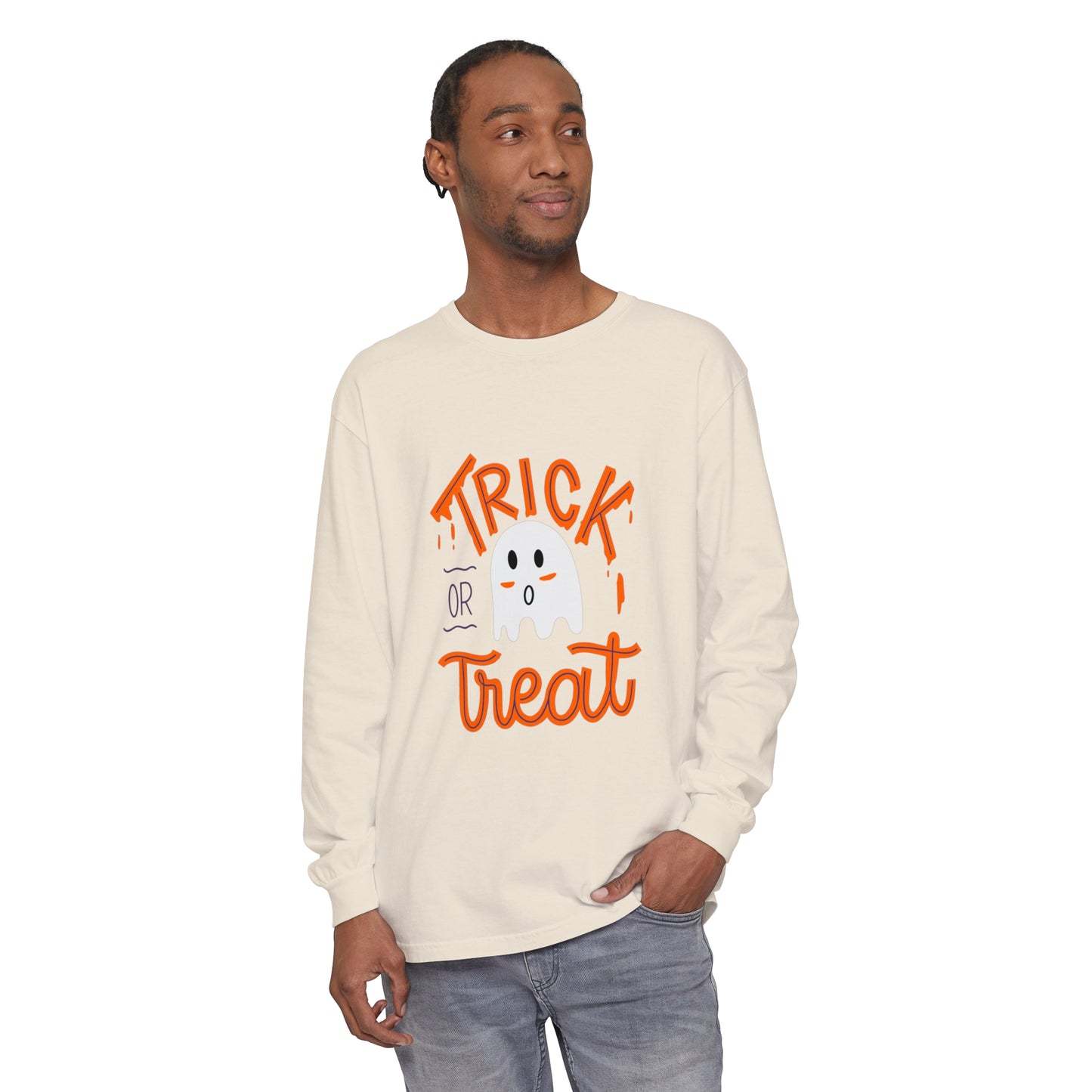 Tick or Treat Ghost Unisex Garment-dyed Long Sleeve T-Shirt