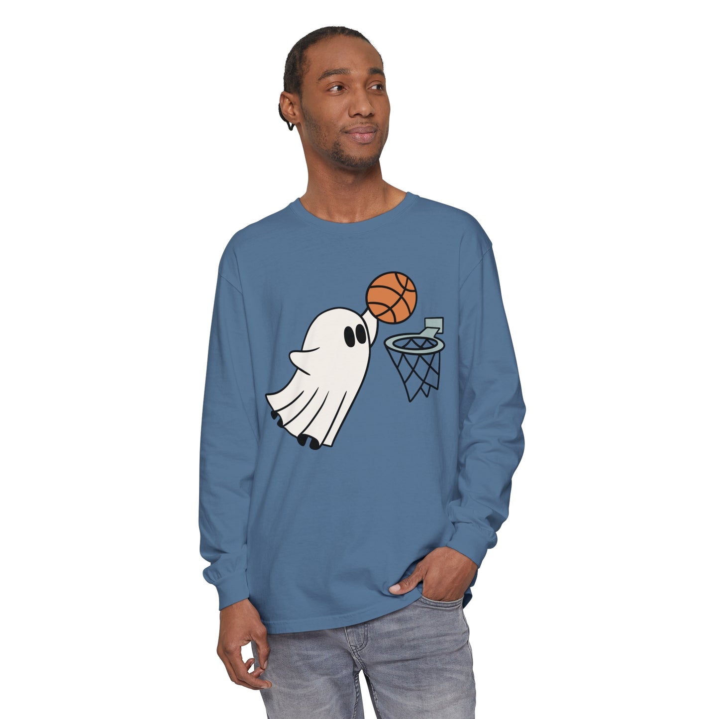 Dunking Basketball Ghost Unisex Garment-dyed Long Sleeve T-Shirt