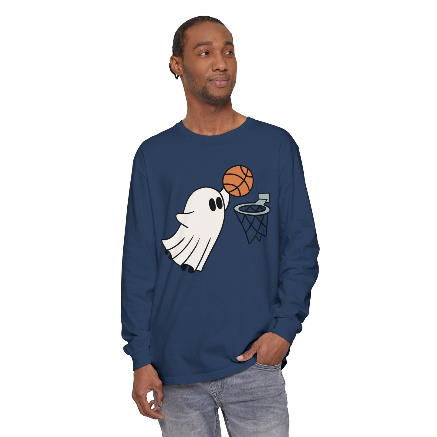 Dunking Basketball Ghost Unisex Garment-dyed Long Sleeve T-Shirt