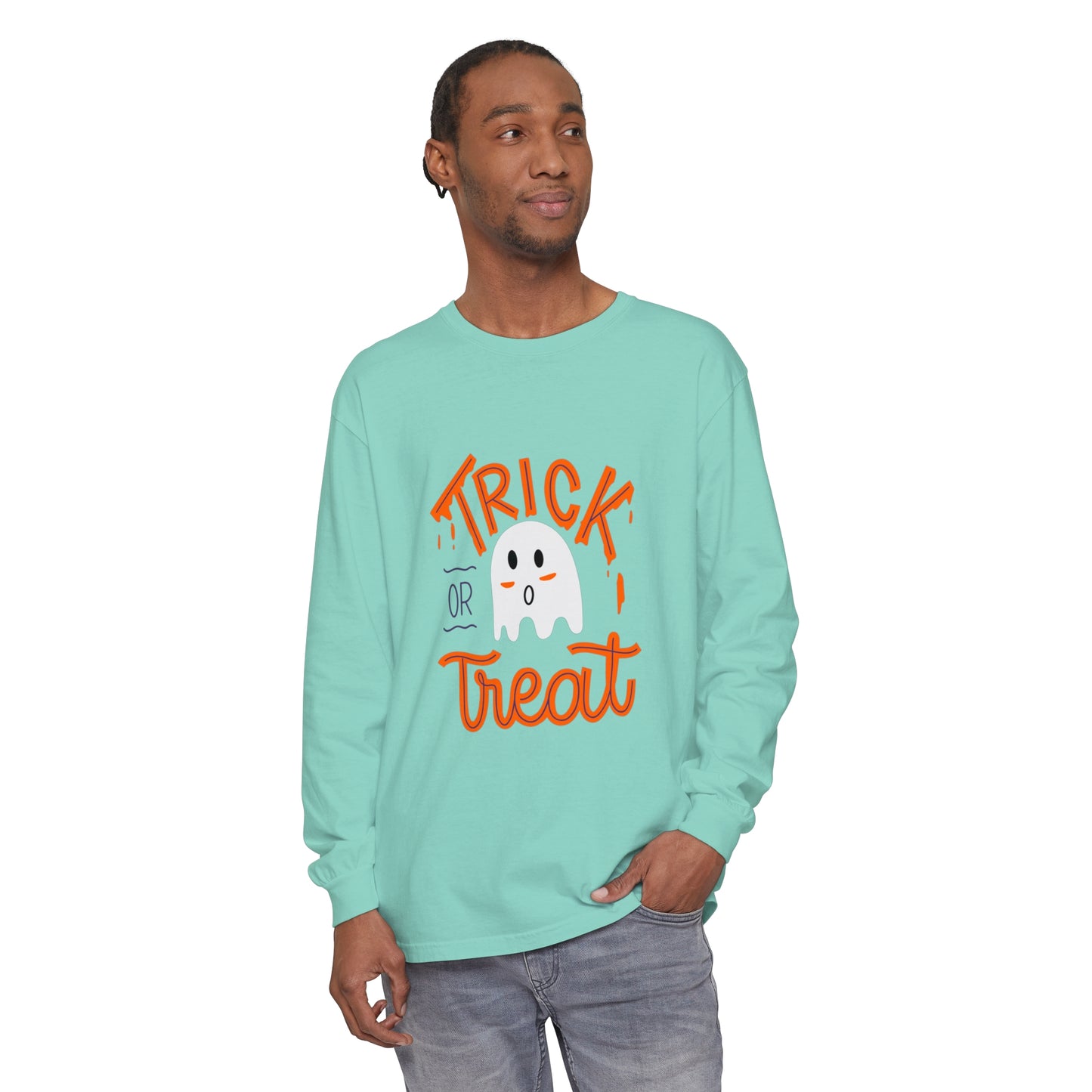 Tick or Treat Ghost Unisex Garment-dyed Long Sleeve T-Shirt