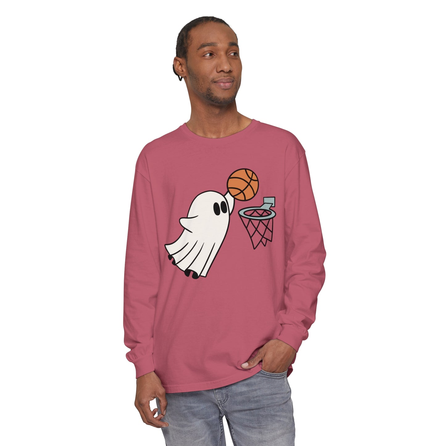 Dunking Basketball Ghost Unisex Garment-dyed Long Sleeve T-Shirt
