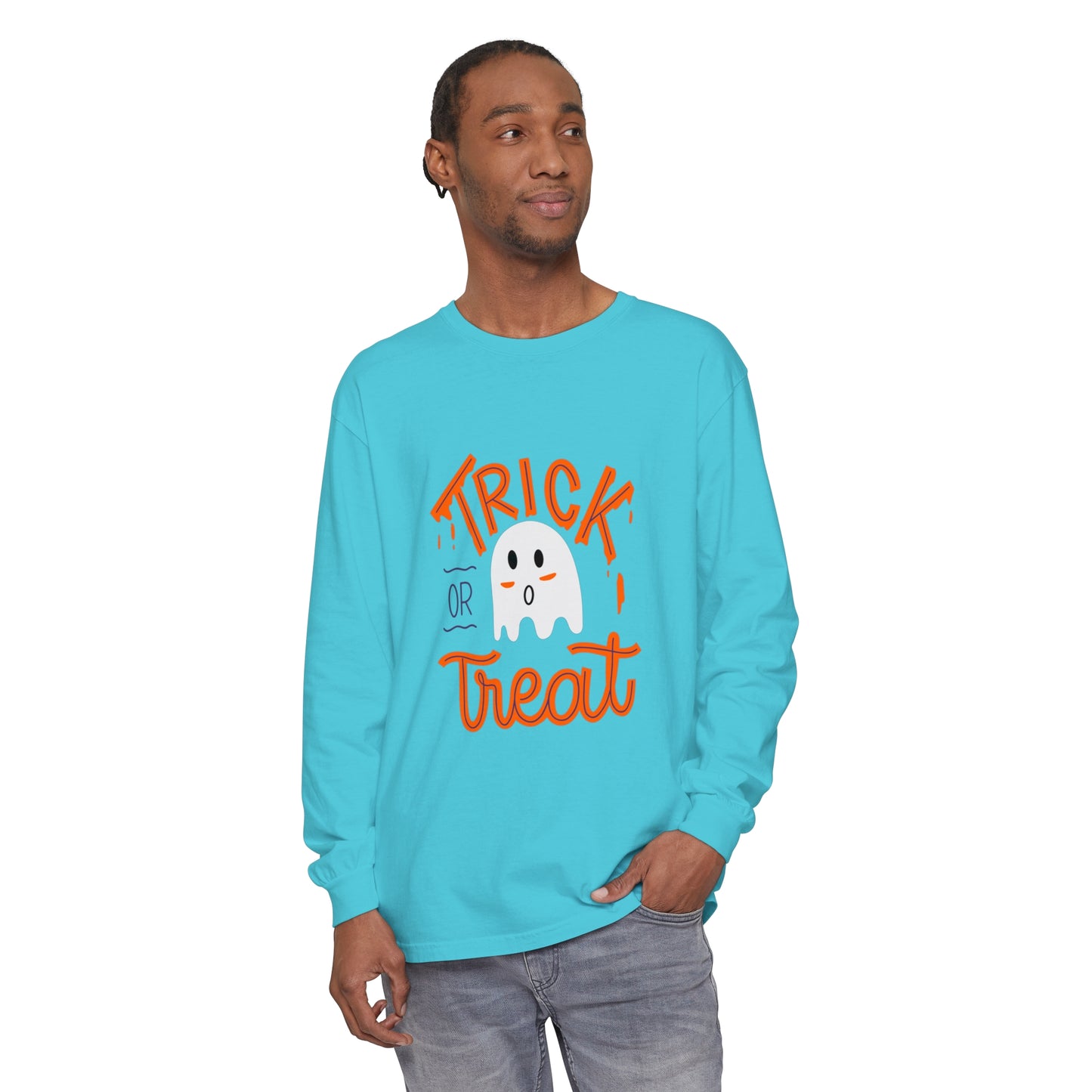Tick or Treat Ghost Unisex Garment-dyed Long Sleeve T-Shirt