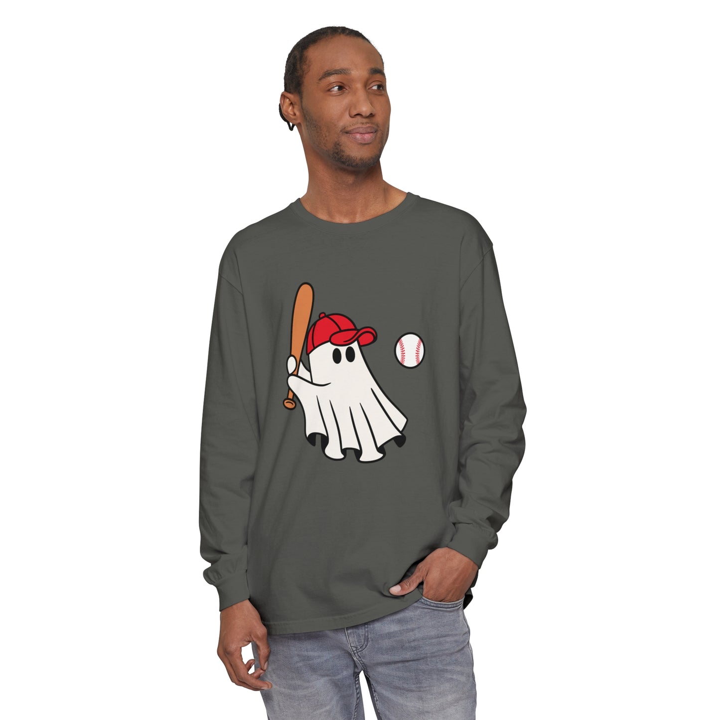 Baseball Ghost Unisex Garment-dyed Long Sleeve T-Shirt
