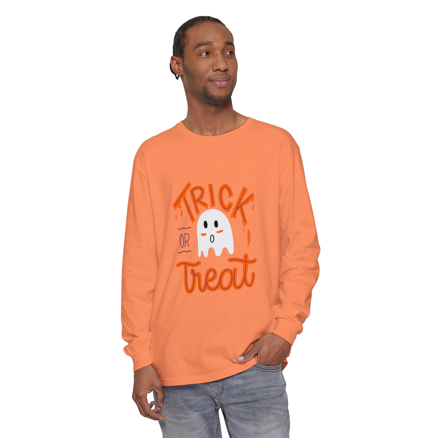 Tick or Treat Ghost Unisex Garment-dyed Long Sleeve T-Shirt