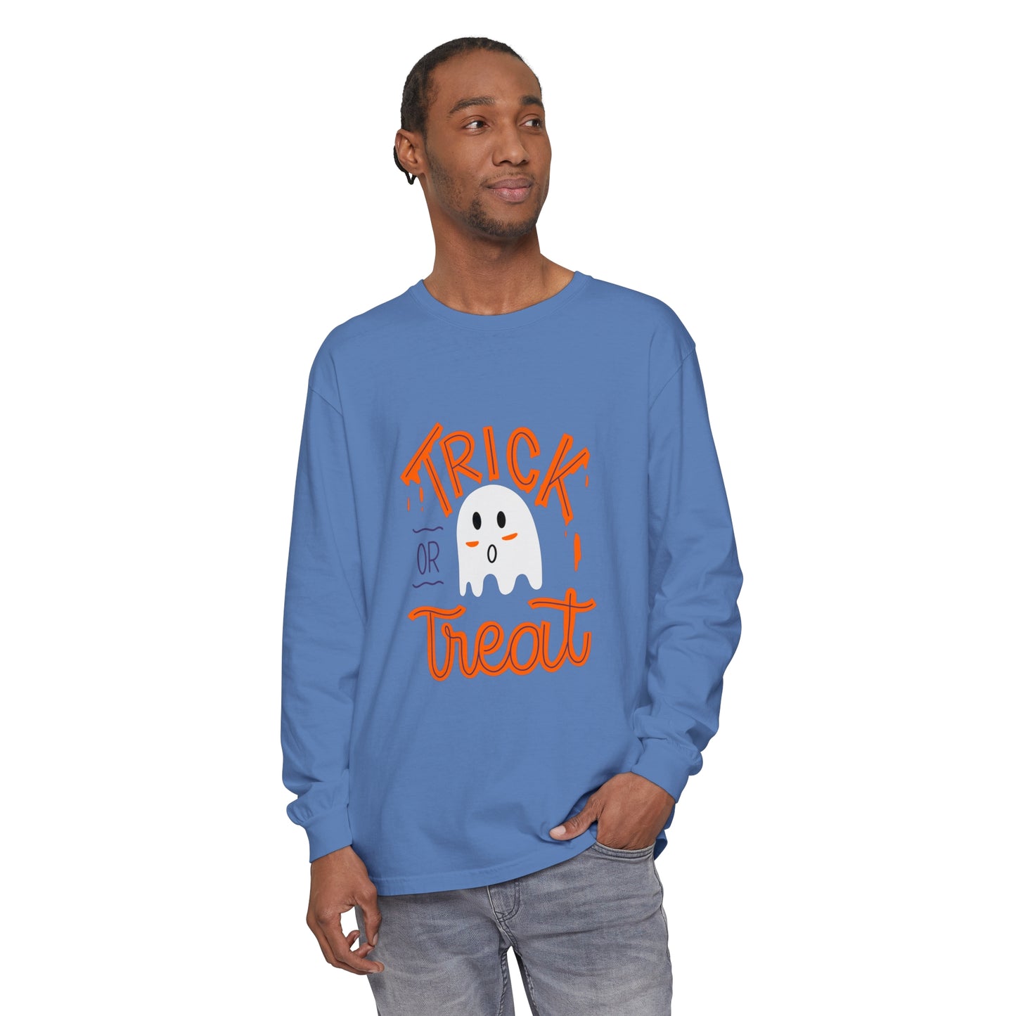 Tick or Treat Ghost Unisex Garment-dyed Long Sleeve T-Shirt