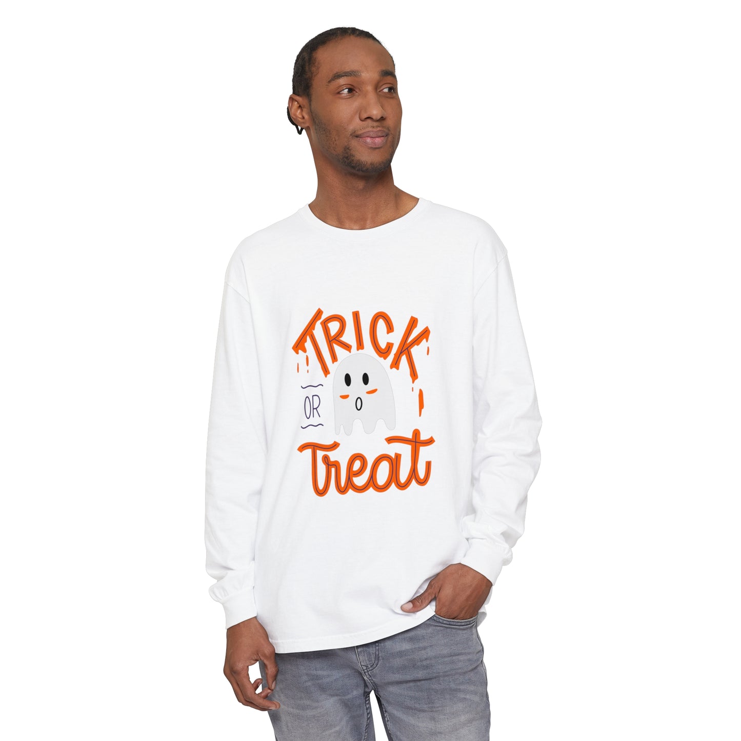 Tick or Treat Ghost Unisex Garment-dyed Long Sleeve T-Shirt