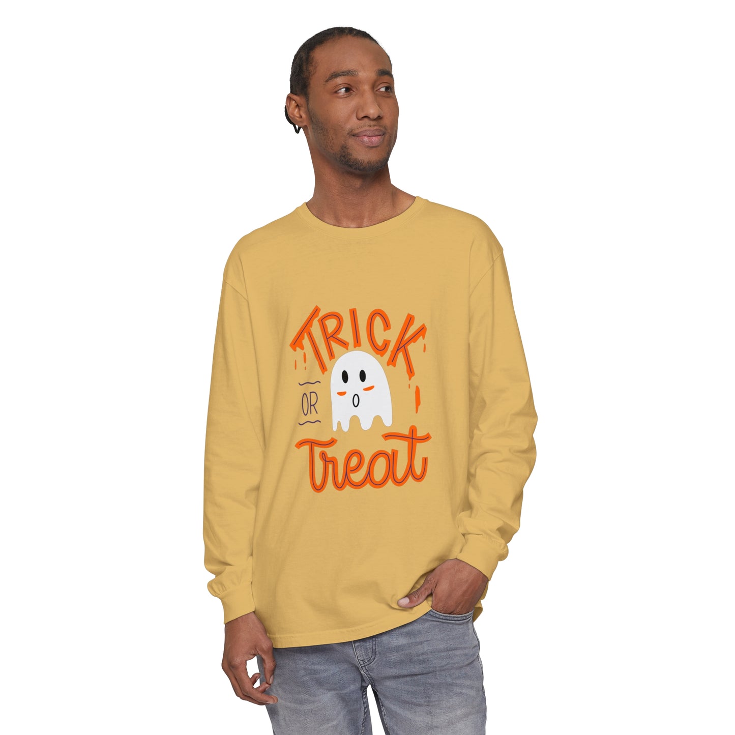Tick or Treat Ghost Unisex Garment-dyed Long Sleeve T-Shirt