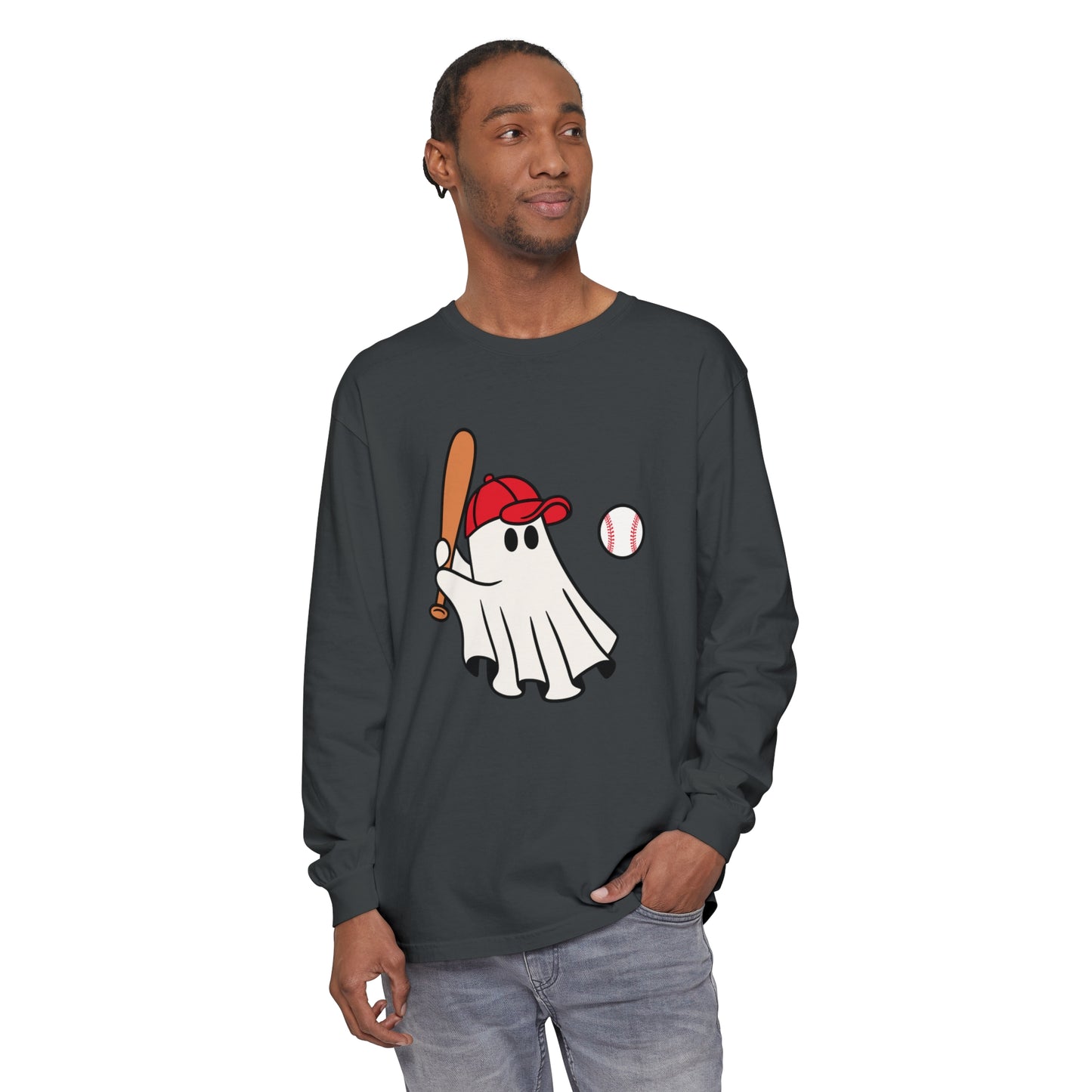 Baseball Ghost Unisex Garment-dyed Long Sleeve T-Shirt