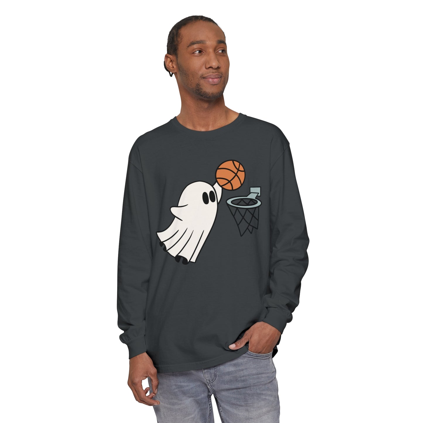 Dunking Basketball Ghost Unisex Garment-dyed Long Sleeve T-Shirt