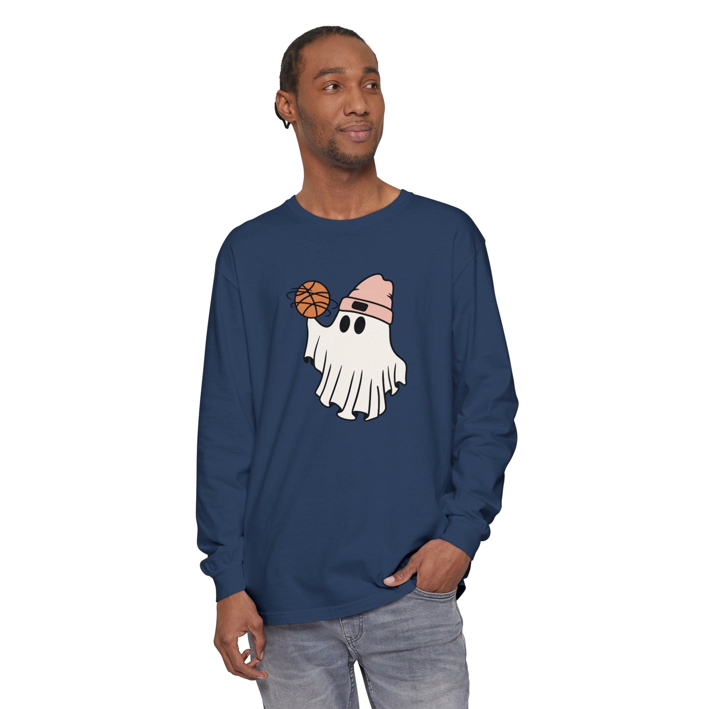 Basketball Ghost Unisex Garment-dyed Long Sleeve T-Shirt