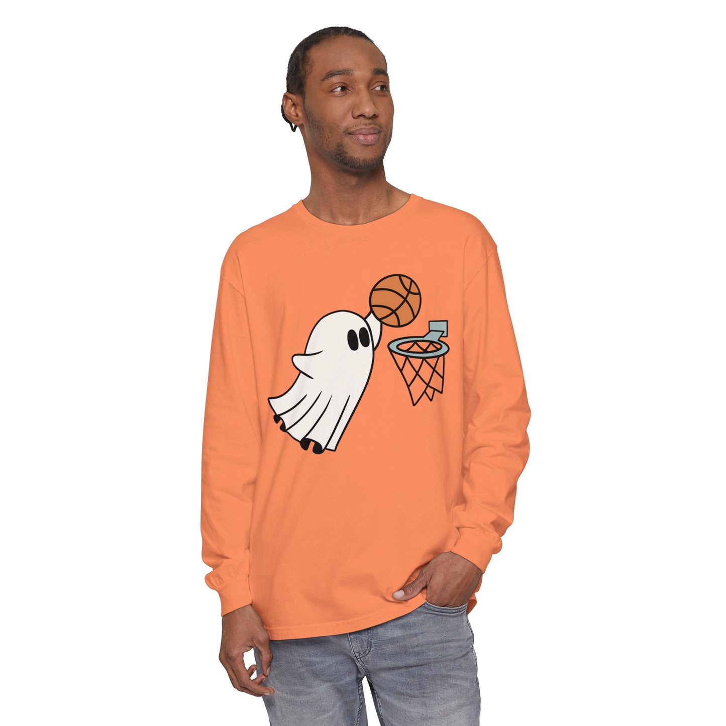 Dunking Basketball Ghost Unisex Garment-dyed Long Sleeve T-Shirt