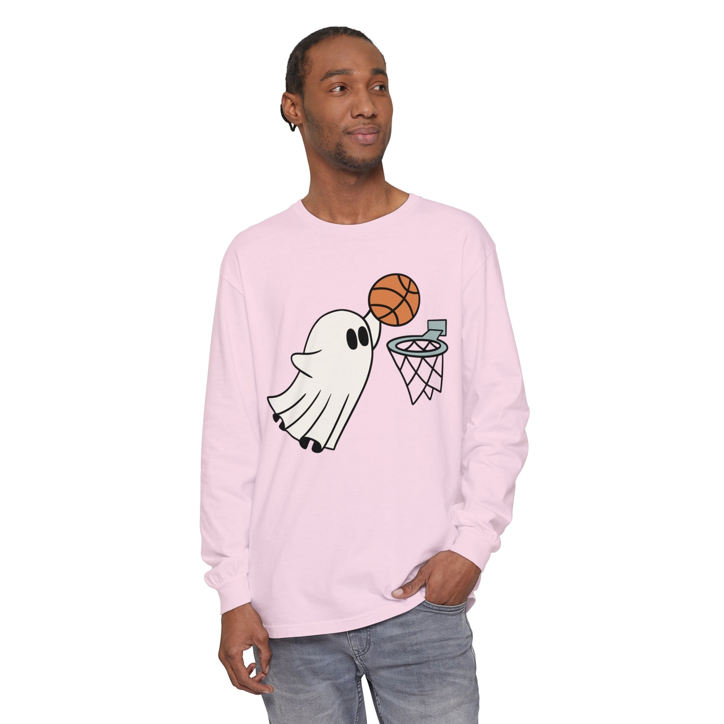 Dunking Basketball Ghost Unisex Garment-dyed Long Sleeve T-Shirt