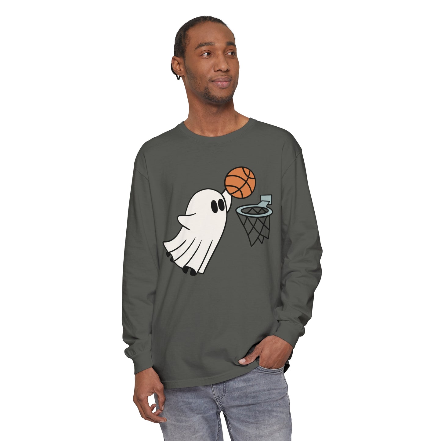 Dunking Basketball Ghost Unisex Garment-dyed Long Sleeve T-Shirt