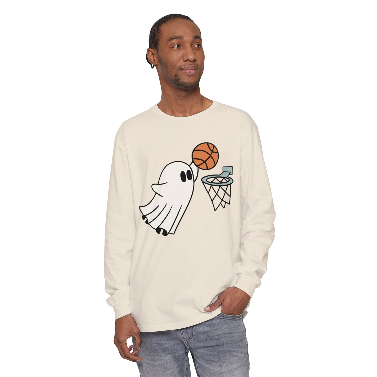 Dunking Basketball Ghost Unisex Garment-dyed Long Sleeve T-Shirt