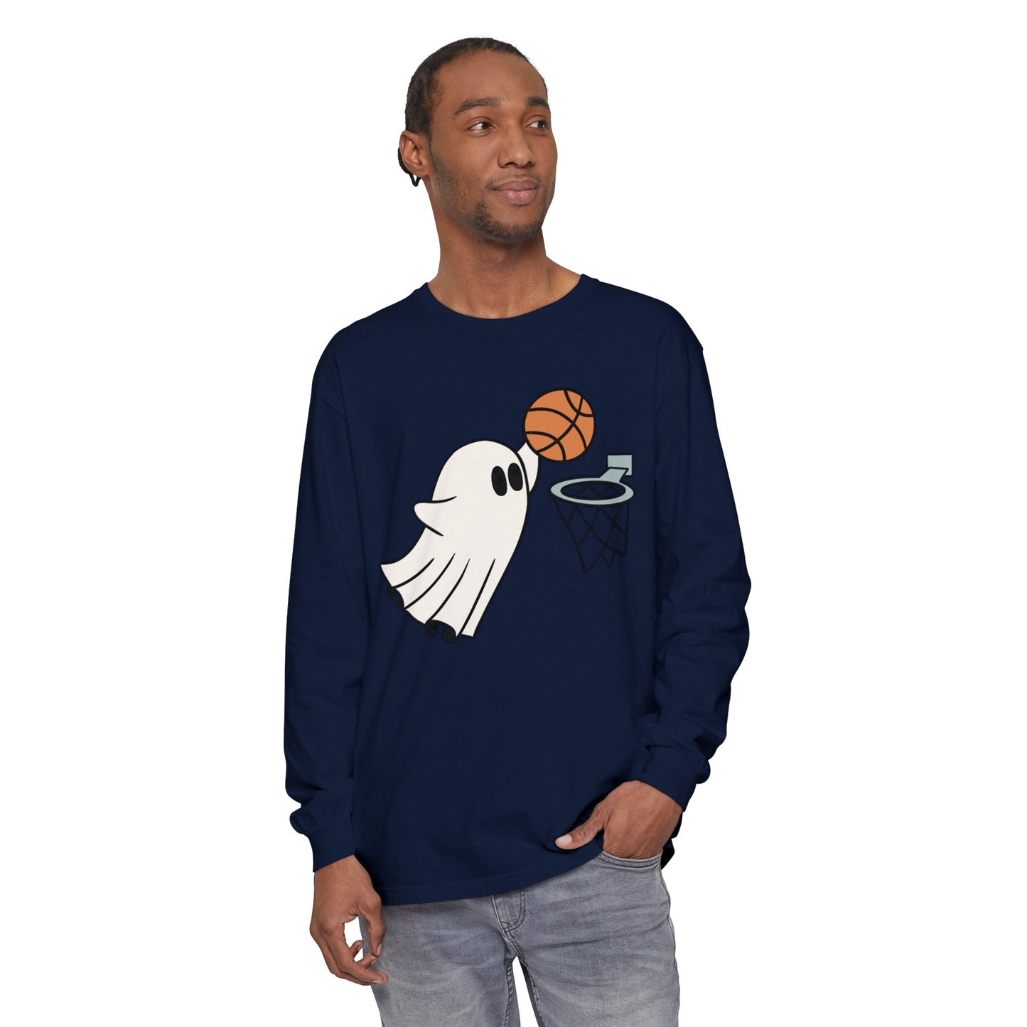Dunking Basketball Ghost Unisex Garment-dyed Long Sleeve T-Shirt