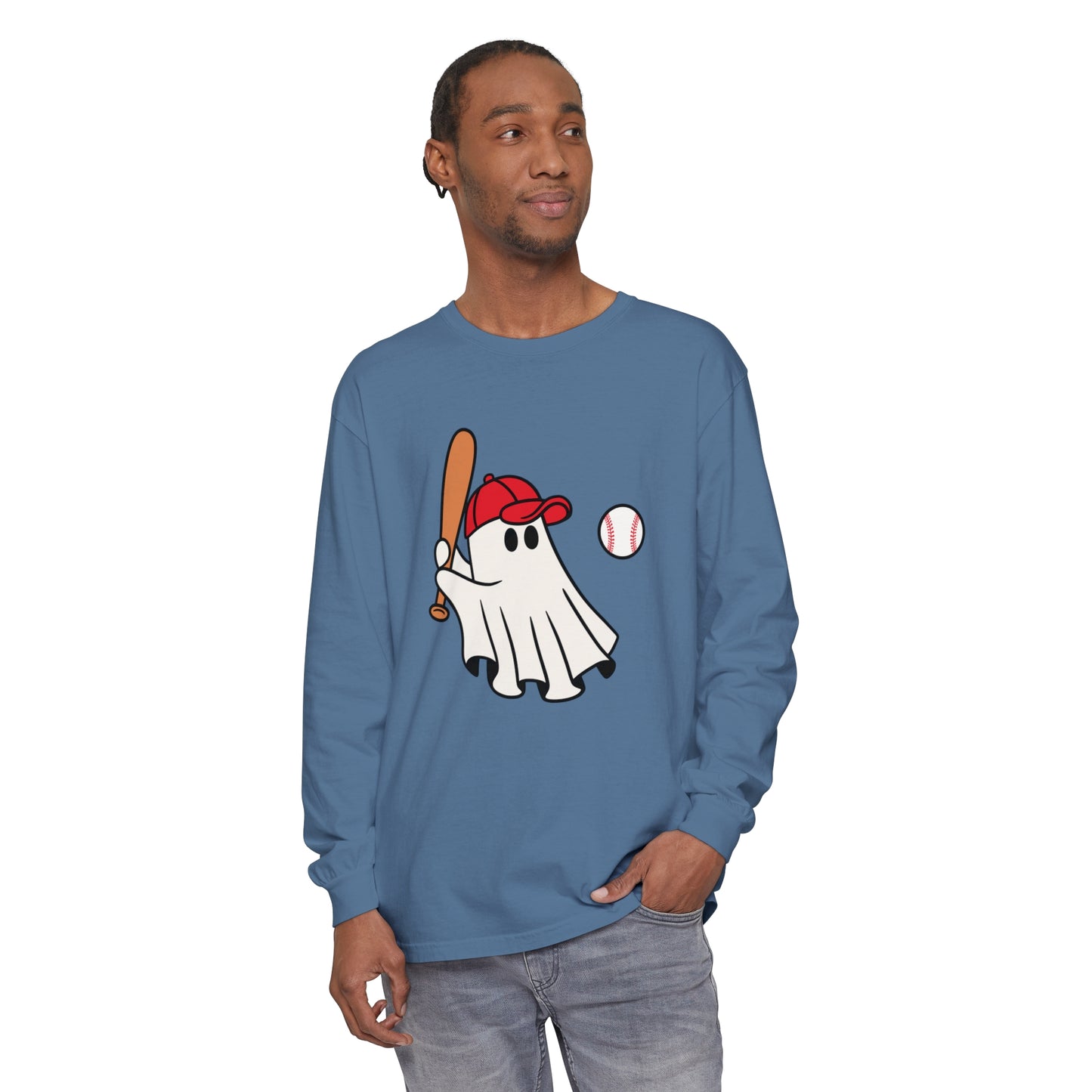 Baseball Ghost Unisex Garment-dyed Long Sleeve T-Shirt