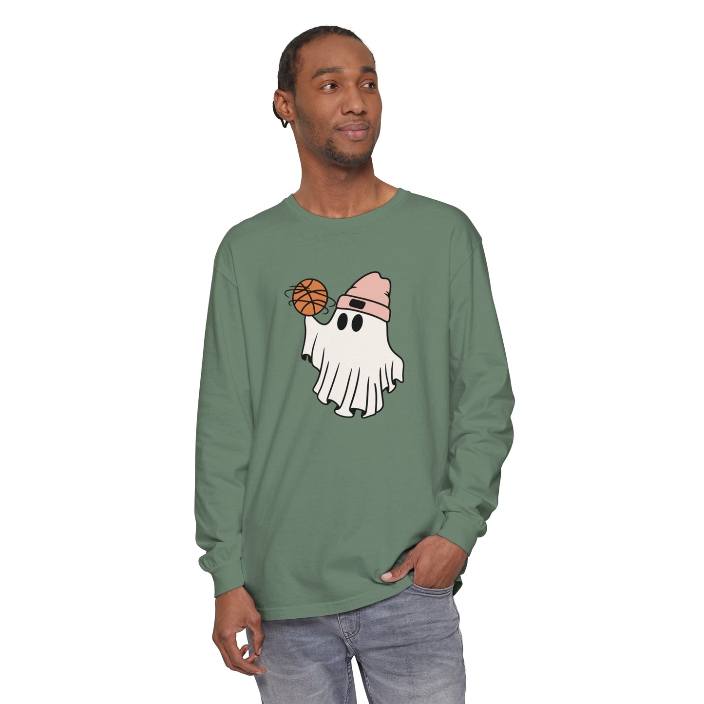 Basketball Ghost Unisex Garment-dyed Long Sleeve T-Shirt