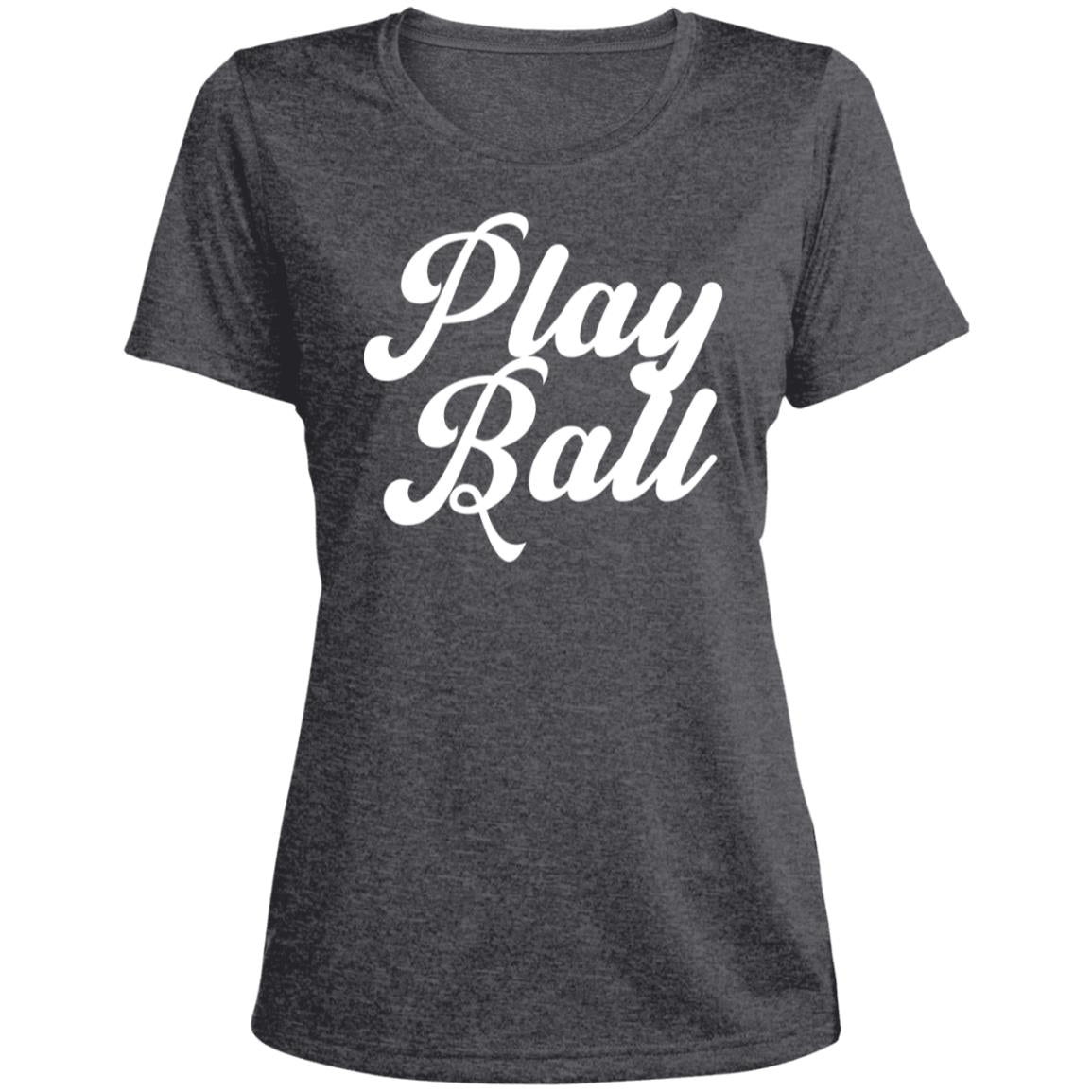 Play Ball script LST360 Ladies' Heather Scoop Neck Performance Tee
