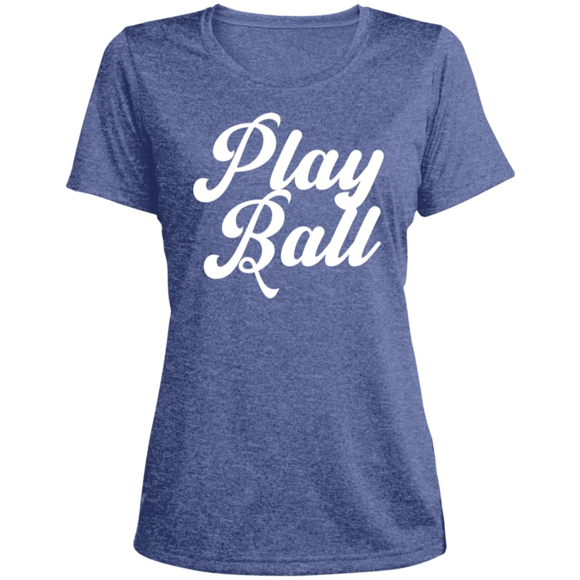 Play Ball script LST360 Ladies' Heather Scoop Neck Performance Tee