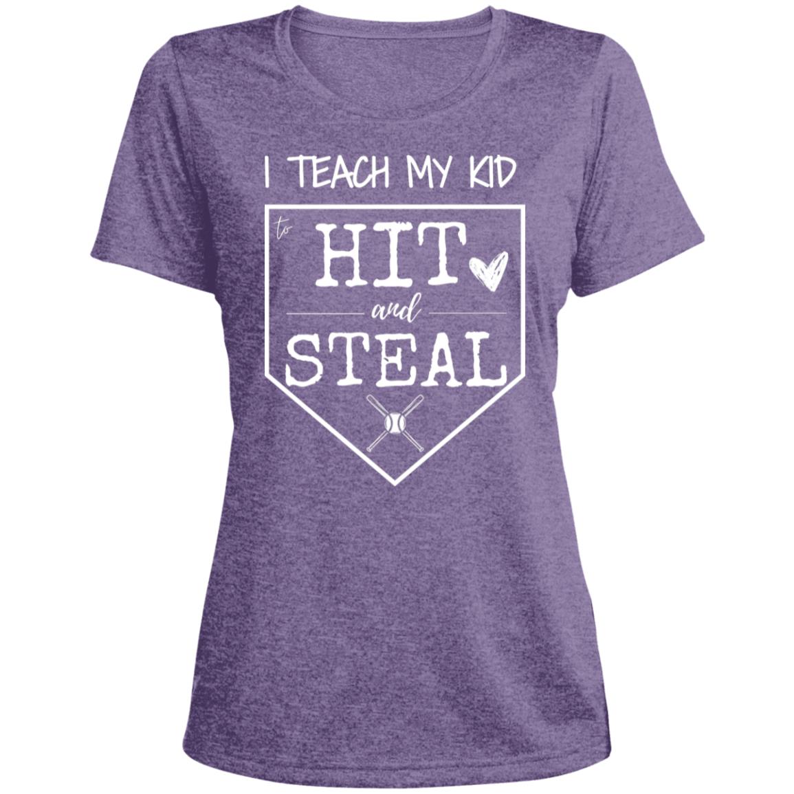 I teach my kid to hit and steal LST360 Ladies' Heather Scoop Neck Performance Tee