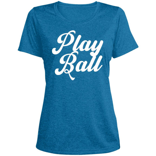 Play Ball script LST360 Ladies' Heather Scoop Neck Performance Tee